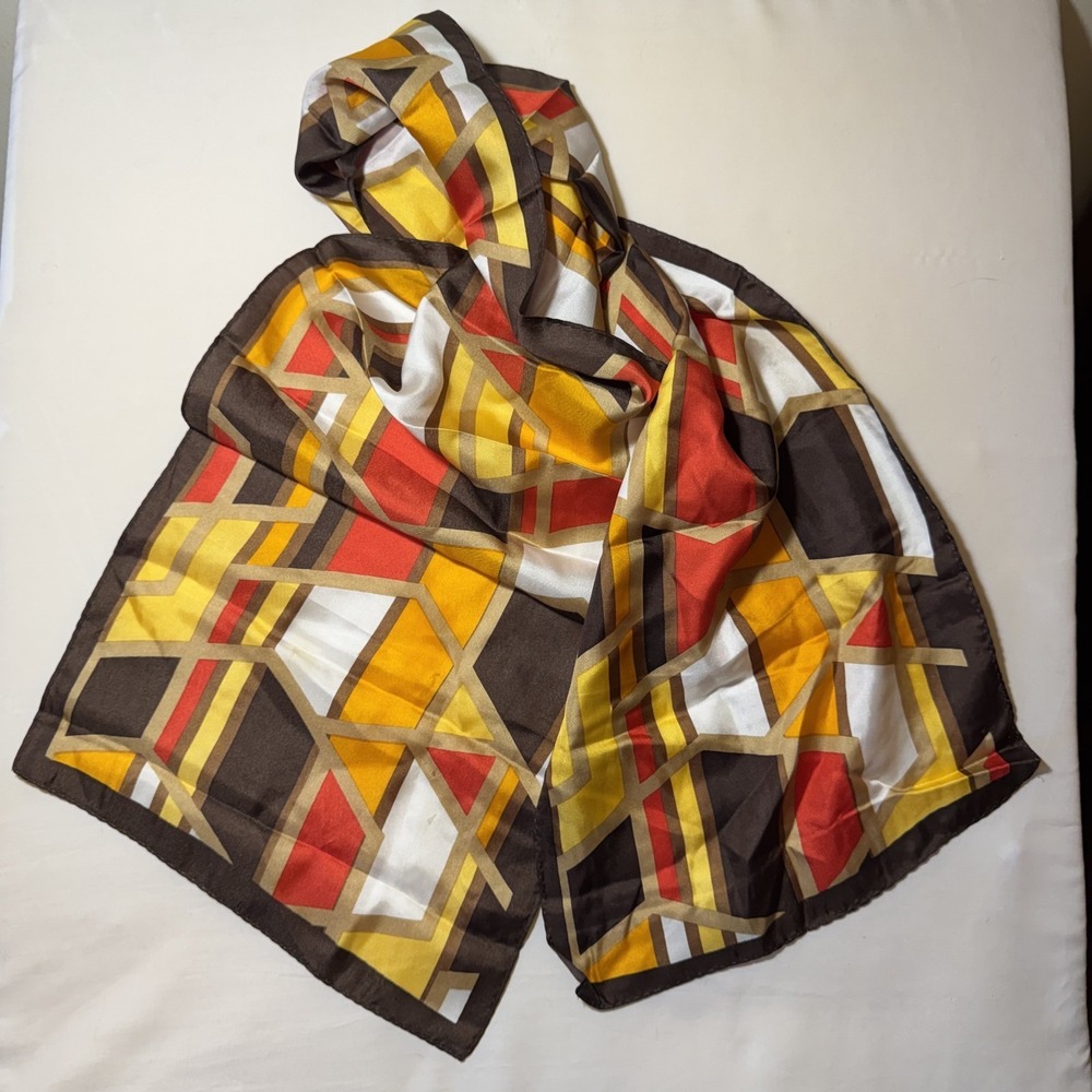 Vintage Geometric Colorblock Scarf 52x11 in Mod Red Yellow Orange Tan Black